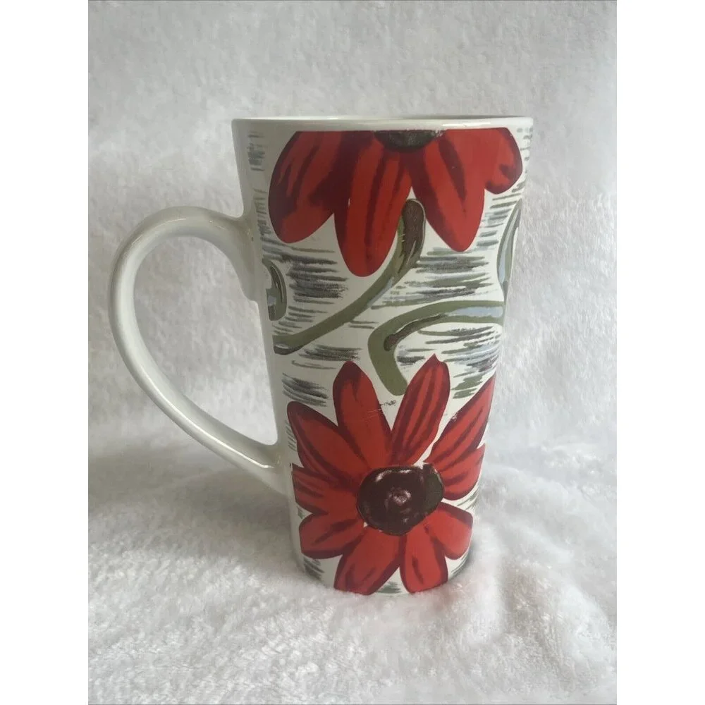 Coffee Mug Tea Cup 16oz Floral Red‎ Flower Flowers Green Accent